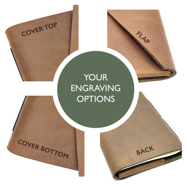 leather personalised A5 journal, wrap style engraving options