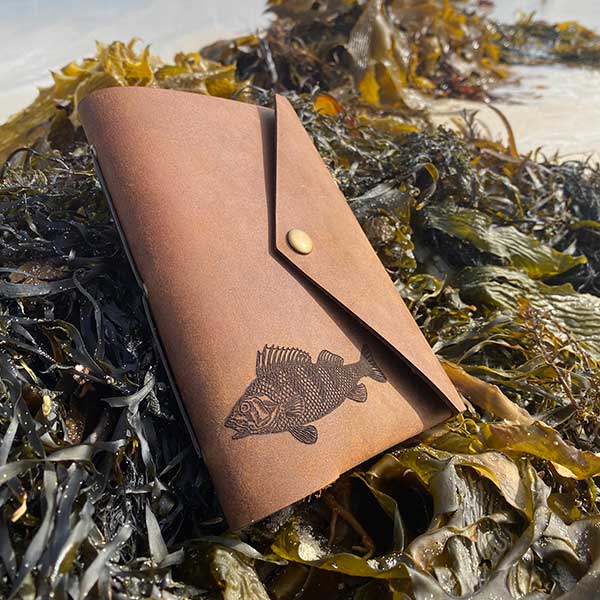 leather personalised fishing journal, snap style