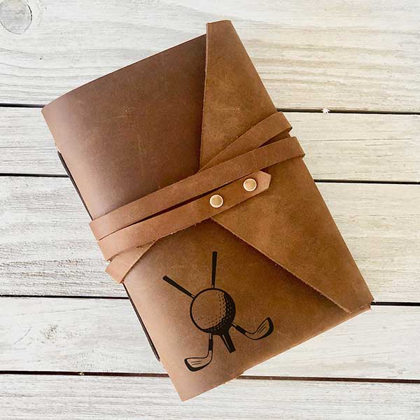 leather personalised golf journal, wrap style