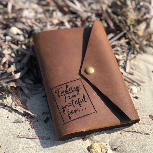 leather personalised gratitude journal, snap style
