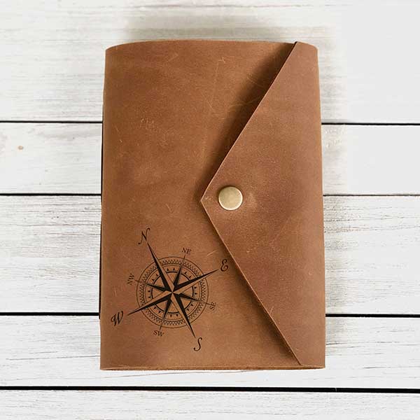 leather personalised travel journal, snap style