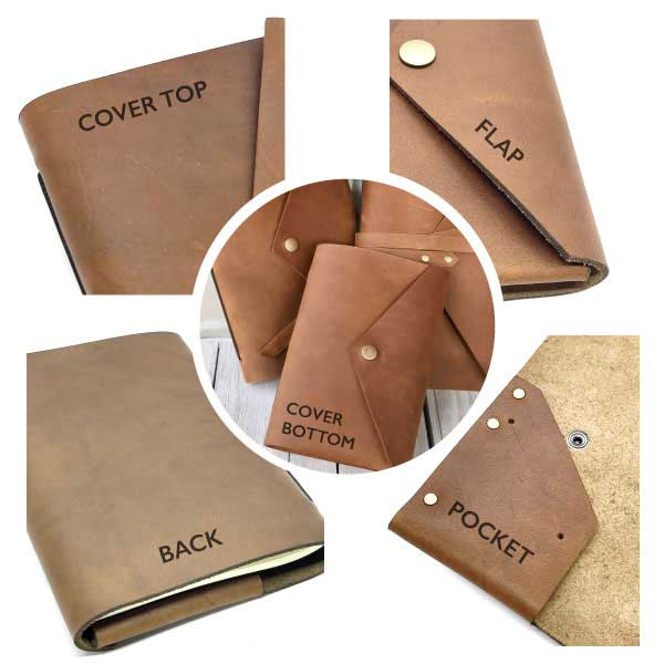 leather personalised journal pocket wrap style, engraving options