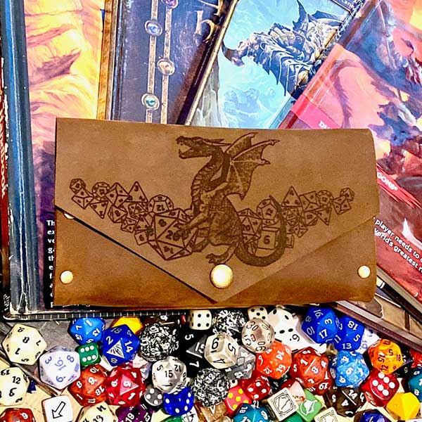 DnD leather dice bag and various DnD dices