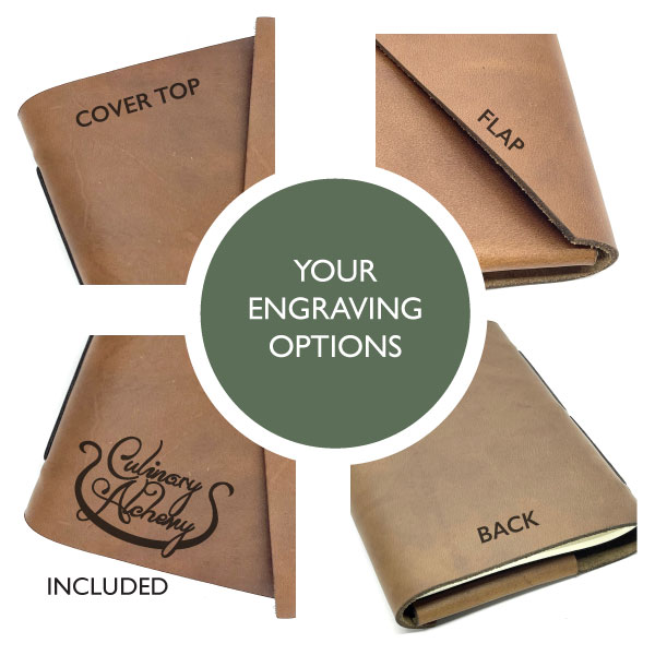 leather personalised A5 recipe journal, custom engraving options and locations