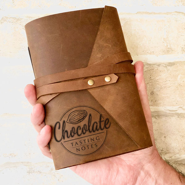 Leather personalised chocolate tasting journal, wrap style