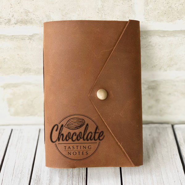 Leather personalised chocolate tasting journal, snap style