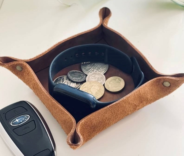 Personalised leather valet tray.